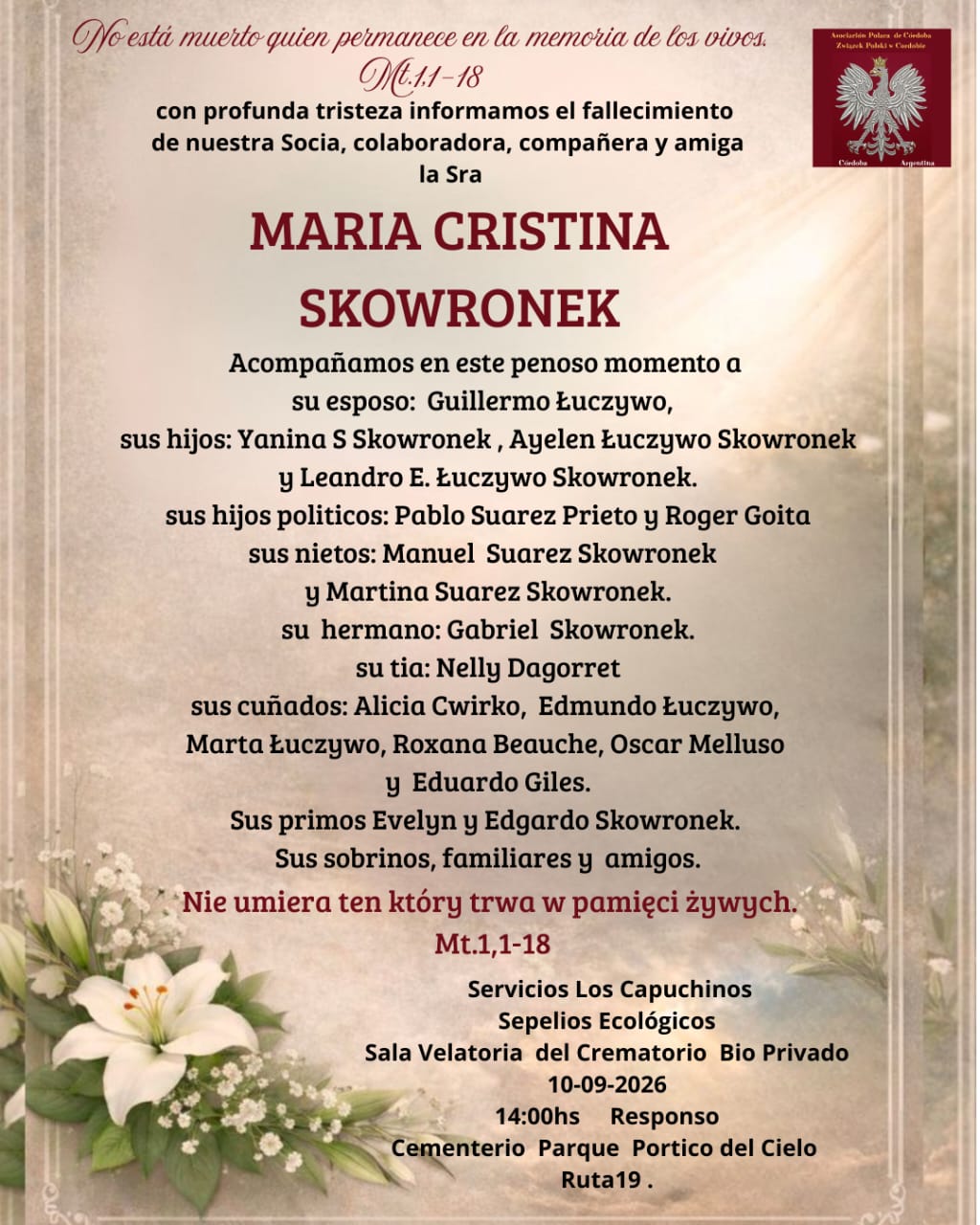 Fallecimiento de María Cristina Skowronek